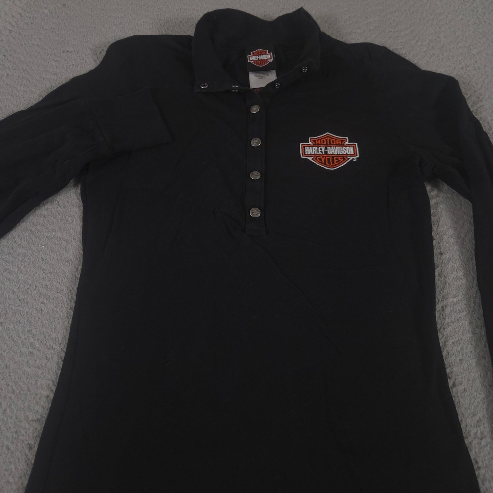 Harley-Davidson Top Womens L Black Henley Embroidered Logo Long Sleeve Duluth MN